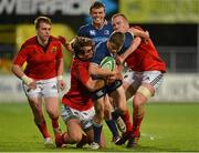 14 September 2012; Max McFarland, Leinster, with support from team-mate Tom Farrell, is tackled by Harry McNulty, left, and John Fitzgerald, Munster. Under 20 Interprovincial, Leinster v Munster, Donnybrook Stadium, Donnybrook, Dublin. Picture credit: Barry Cregg / SPORTSFILE