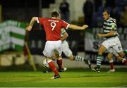 14 September 2012; Philip Hughes, Shelbourne, shoots to score his side's first goal. FAI Ford Cup Quarter-Final, Shelbourne v Shamrock Rovers, Tolka Park, Dublin. Picture credit: David Maher / SPORTSFILE