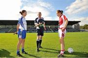 8 September 2012; Referee John Niland tosses the coin between Monaghan captain Sharon Courtney and Cork captain Rena Buckley. TG4 All-Ireland Ladies Football Senior Championship Semi-Final, Cork v Monaghan, St. Brendan’s Park, Birr, Co. Offaly. Picture credit: Barry Cregg / SPORTSFILE