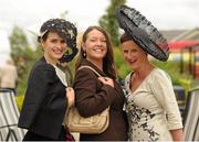 15 September 2012; Eibhilin Mhic Fhearraigh, left, from Sallins, Co. Kildare, Linda Kavanagh, from Terenure, Co. Dublin, and Miriam Stack, from Cork, enjoying the days racing. Curragh Racecourse, the Curragh, Co. Kildare. Photo by Sportsfile