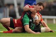 15 September 2012; Eoin McKeon, Connacht, is tackled by Jon Davis, Scarlets. Celtic League 2012/13, Round 3, Connacht v Scarlets, Sportsground, Galway. Picture credit: Ray Ryan / SPORTSFILE