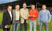 15 September 2012; Pictured after the Bord Gáis Energy Crossbar Challenge at half-time in the Bord Gáis Energy GAA Hurling Under 21 All-Ireland Championship Final between Clare and Kilkenny are, MC Marty Morrissey, left, Ger Cunningham, Sports Ambassador with Bord Gáis Energy, centre, with from left, former inter-county referee Pat McEnaney, Corduff GAA, Co. Monaghan, Tipperary hurler Noel McGrath, Loughmore-Castleiney GAA, and Clare hurler John Conlon, Clonlara GAA, who received a voucher between them from Bord Gáis Energy to the value of €1000 for kit for their club or chosen charity. Semple Stadium, Thurles, Co. Tipperary. Picture credit: Diarmuid Greene / SPORTSFILE