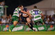 15 September 2012; Cian Healy, Leinster, is tackled by Alberto Sgarbi, left, and Fabio Semenzato, Benetton Treviso. Celtic League 2012/13, Round 3, Benetton Treviso v Leinster, Stadio Mongio, Treviso, Italy. Picture credit: Stephen McCarthy / SPORTSFILE