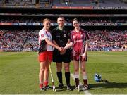 16 September 2012; Derry captain Grainne McGoldrick, left, shakes hands with Galway captain Paula Kenny, alongside referee Ger O'Dowd, before the game. All-Ireland Intermediate Camogie Championship Final, Derry v Galway, Croke Park, Dublin. Picture credit: David Maher / SPORTSFILE