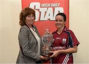 16 September 2012; Kathleen Woods, Ulster Camogie Chairperson, presents the Player of the Match award to Galway's Emma Kilkelly. All-Ireland Intermediate Camogie Championship Final, Derry v Galway, Croke Park, Dublin. Photo by Sportsfile