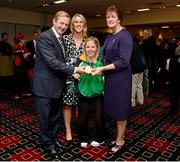 16 September 2012; Team Ireland's Catherine O'Neill, from New Ross, Co. Wexford, silver medal, discus throw -T51, with An Taoiseach Enda Kenny T.D., left, Mary O'Connor, Director of Camogie Development, and Aileen Lawlor, right, President of the Camogie Association. All-Ireland Senior Camogie Championship Final, Cork v Wexford, Croke Park, Dublin. Picture credit: Matt Browne / SPORTSFILE