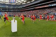 16 September 2012; A general view of the Cork team running out on to the pitch before the game All-Ireland Senior Camogie Championship Final, Cork v Wexford, Croke Park, Dublin. Photo by Sportsfile