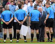 9 September 2012; The President of Ireland Michael D. Higgins is introduced to linesman James McGrath by match referee Barry Kelly. GAA Hurling All-Ireland Senior Championship Final, Kilkenny v Galway, Croke Park, Dublin. Picture credit: Ray McManus / SPORTSFILE