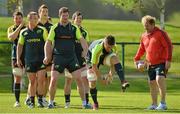 18 September 2012; Munster's Billy Holland, watched by backs coach Simon Mannix and team-mates, from left to right, Paddy Butler, Troy Smith, Philip Donnellan, Donnacha Ryan and Barry O'Mahony, in action during squad training ahead of their side's Celtic League, Round 4, match against Newport Gwent Dragons on Saturday. Cork Institute of Technology, Bishopstown, Cork. Picture credit: Diarmuid Greene / SPORTSFILE