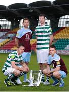 18 September 2012; In attendance at the EA SPORTS Cup Final 2012 media day are players, from left to right, Billy Dennehy, Shamrock Rovers, Paul Crowley, Drogheda United, Ciaran Kilduff, Shamrock Rovers and Brian Gannon, Drogheda United. Tallaght Stadium, Tallaght, Dublin. Picture credit: David Maher / SPORTSFILE