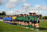 19 September 2012; Connacht and Leinster players during a minute silence in memory of the late Ulster rugby player Nevin Spence. Under 18 Schools Interprovincial, Leinster v Connacht, Donnybrook Stadium, Donnybrook, Dublin. Picture credit: Stephen McCarthy / SPORTSFILE