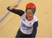 30 August 2012; Great Britain's Sarah Storey celebrates setting a new World Record time of 3:32.170 in the Women's Ind. C5 Pursuit. London 2012 Paralympic Games, Cycling, Velodrome, Olympic Park, Stratford, London, England. Picture credit: Brian Lawless / SPORTSFILE