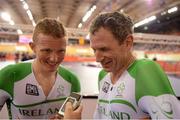 30 August 2012; Ireland's tandem pairing James Brown, from Stonehouse, England, right, and pilot Damien Shaw, from Mullingar, Co. Westmeath, after the men's individual B pursuit bronze medal final which they lost to Spain. London 2012 Paralympic Games, Cycling, Velodrome, Olympic Park, Stratford, London, England. Picture credit: Brian Lawless / SPORTSFILE