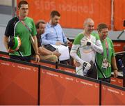30 August 2012; Ireland's Enda Smyth, from Santry, Dublin, with team manager Denis Toomey, from Mitchelstown, Cork, and coach Brian Nugent, from Cookstown, Dublin, left, after competing in the final of the men's individual 1km C3 time trial. London 2012 Paralympic Games, Cycling, Velodrome, Olympic Park, Stratford, London, England. Picture credit: Brian Lawless / SPORTSFILE