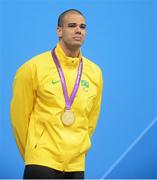 31 August 2012; Andre Brasil, Brazil, becomes emotional during the Brazil national anthem, after winning Gold for the Men's 50m Freestyle - S10, in a World Record time of 23.16. London 2012 Paralympic Games, Swimming, Aquatics Centre, Olympic Park, Stratford, London, England. Picture credit: Brian Lawless / SPORTSFILE