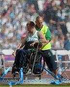 31 August 2012; Ireland's John McCarthy, from Dunmanway, Co. Cork, with Michael Bergin, ahead of competing in the club throw - F51 final. London 2012 Paralympic Games, Athletics, Olympic Stadium, Olympic Park, Stratford, London, England. Picture credit: Brian Lawless / SPORTSFILE