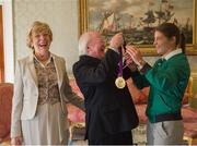 21 September 2012; President of Ireland Michael D. Higgins and his wife Sabina with Team Ireland's Katie Taylor at a reception for the London 2012 Irish Olympic team at Aras an Uachtarain, Phoenix Park, Dublin. Picture credit: Brian Lawless / SPORTSFILE