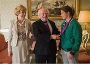21 September 2012; President of Ireland Michael D. Higgins and his wife Sabina with Team Ireland's Katie Taylor at a reception for the London 2012 Irish Olympic team at Aras an Uachtarain, Phoenix Park, Dublin. Picture credit: Brian Lawless / SPORTSFILE