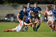 22 September 2012; Adam Byrne, Leinster Blue, is tackled by Justin Rea, left, and Jack Fleming, right, Ulster. Under 19 Group A Interprovincial, Leinster Blue v Ulster, Anglesea Road, Dublin. Picture credit: Barry Cregg / SPORTSFILE