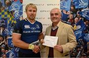 22 September 2012; Leinster's Fionn Carr is presented with the Most Valued Player award, sponsored by Cityjet, by Michael Collins, Deputy CEO at CityJet. Celtic League 2012/13, Round 4, Leinster v Edinburgh, RDS, Ballsbridge, Dublin. Picture credit: Stephen McCarthy / SPORTSFILE
