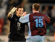 22 September 2012; Gabriel Sava, Drogheda United goalkeeper, celebrates with team mate Peter Hynes at the end of the game. 2012 EA SPORTS Cup Final, Shamrock Rovers v Drogheda United, Tallaght Stadium, Tallaght, Co. Dublin. Picture credit: David Maher / SPORTSFILE