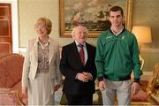 21 September 2012; Team Ireland's Adam Nolan with the President of Ireland Michael D. Higgins and his wife Sabina at a reception for the London 2012 Irish Olympic team at  Aras an Uachtarain, Phoenix Park, Dublin. Picture credit: Brian Lawless / SPORTSFILE