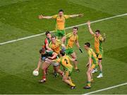 23 September 2012; Aidan O'Shea, Mayo, in action against Donegal players, left to right, Neil McGee, Mark McHugh, Paddy McGrath, Eamon McGee, David Walsh, and Karl Lacey. GAA Football All-Ireland Senior Championship Final, Donegal v Mayo, Croke Park, Dublin. Picture credit: Daire Brennan / SPORTSFILE