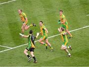 23 September 2012; Donegal players, left to right, Neil Gallagher, Paul Durcan, Michael Murphy, Dermot Molloy, and Eamon McGee, celebrate after the game. GAA Football All-Ireland Senior Championship Final, Donegal v Mayo, Croke Park, Dublin. Picture credit: Daire Brennan / SPORTSFILE
