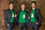 24 September 2012; Republic of Ireland players, from left to right, Sean St. Ledger, Simon Cox and Shane Long teamed up with team sponsors, Three, to launch the new Umbro Ireland home jersey. The new Three sponsored jersey will be worn for the first time for the World Cup qualifier match against Germany on 12th October and fans can get their hands on the jersey from the FAI Store Westmoreland St and all good sports retailers nationwide from Friday 5th October. Pre-order yours from September 28th at www.faishop.com * Simon, Sean, Shane and Keiren wear suits courtesy of Paul Costelloe at Arnotts. Portmarnock Hotel & Golf Links, Portmarnock, Dublin. Photo by Sportsfile