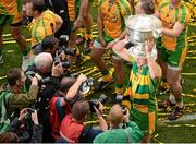23 September 2012; Donegal captain Michael Murphy lifts the Sam Maguire cup in front of a group of photographers. GAA Football All-Ireland Senior Championship Final, Donegal v Mayo, Croke Park, Dublin. Picture credit: Daire Brennan / SPORTSFILE