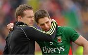 23 September 2012; Mayo's Lee Keegan is consoled by injured team captain Andy Moran after the game. GAA Football All-Ireland Senior Championship Final, Donegal v Mayo, Croke Park, Dublin. Picture credit: Brendan Moran / SPORTSFILE