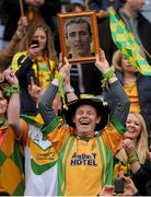 23 September 2012; Donegal fan Fergal Gallagher, from Glenties, Co. Donegal, celebrates with a picture of team manager Jim McGuinness after the game. Supporters at GAA Football All-Ireland Championship Finals, Croke Park, Dublin. Picture credit: Brendan Moran / SPORTSFILE