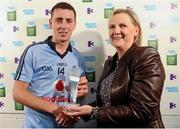 23 September 2012; Cormac Costello, Dublin, is prestened with his man of the match award by Brid Horan, Executive Director, Electric Ireland. Electric Ireland Man of the Match at GAA Football All-Ireland Minor Championship Final, Dublin v Meath, Croke Park, Dublin. Picture credit: David Maher / SPORTSFILE