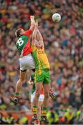 23 September 2012; Barry Moran, Mayo, contests a kick-out against Neil Gallagher, Donegal. GAA Football All-Ireland Senior Championship Final, Donegal v Mayo, Croke Park, Dublin. Picture credit: Brendan Moran / SPORTSFILE