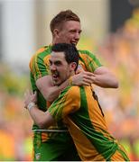 23 September 2012; Daniel McLaughlin and Mark McHugh, Donegal celebrate at the final whistle. GAA Football All-Ireland Senior Championship Final, Donegal v Mayo, Croke Park, Dublin. Picture credit: Oliver McVeigh / SPORTSFILE