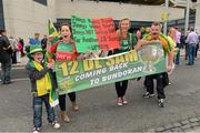 23 September 2012; Catherine Larkin, left, and Cattherine Larkin, from Crossmolina, Co. Mayo, and Donegal supporters Gerry Oates and his son Gerry, from Bundoran, Co. Donegal, ahead of the game. Supporters at GAA Football All-Ireland Championship Finals, Croke Park, Dublin. Picture credit: Ray McManus / SPORTSFILE