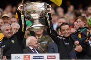23 September 2012; Pat Shovelin, Donegal goalkeeping coach, left, and Maxi Curran, Donegal team video analyst, lift the Sam Maguire Cup. GAA Football All-Ireland Senior Championship Final, Donegal v Mayo, Croke Park, Dublin. Picture credit: Stephen McCarthy / SPORTSFILE