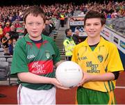 23 September 2012; Mascots Jack Malone, left, Mayo, and Jamie Crawford, Donegal, hold the match football before the start of the game. GAA Football All-Ireland Senior Championship Final, Donegal v Mayo, Croke Park, Dublin. Picture credit: David Maher / SPORTSFILE