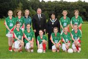 23 September 2012; Representing Mayo in the INTO/RESPECT Exhibition GoGames at the GAA Football All-Ireland Senior Championship Final between Donegal and Mayo are, front row, from left, Nicole McGarry, St. Patrick's N.S., Drumshambo, Co. Leitrim, Siobhan Doolan, St., Margaret's N.S., Curracloe, Co. Wexford, Rebecca Brehony, Geevagh N.S., Geevagh, Co. Sligo, Morgan Nic Cionna, Gaelscoil Ultain, Co. Monaghan, Leah O'Carroll, Inistioge N.S., Co. Kilkenny, and Louise Colgan, St. Patrick's N.S., Rathrilly, Co. Carlow. Back row, from left, Meave Ryan, Sisters of Charity P.S., Clonmel, Co. Tipperary, Emma Reynolds, Cappataggle Central School, Co. Galway, Eibhlin McKiernan, coach, Uachtarán Chumann Lúthchleas Gael Liam Ó Néill, Anne Fay, INTO President, Becky Opperman, Scoil Naisiunta An Chroi Naofa, Co. Cork, Faith McCourt, St. Joseph's N.S., Dundalk, Co. Louth. Clonliffe College, Dublin. Picture credit: Pat Murphy / SPORTSFILE