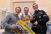 24 September 2012; Donegal manager Jim McGuinness, right, alongside player Karl Lacey, centre, and Matthew Murray, age 2, from Letterkenny, Co. Donegal, with his father Danny, as he sits in the Sam Maguire Cup during a visit to Our Lady's Hospital for Sick Children, Crumlin, Dublin. Picture credit: Barry Cregg / SPORTSFILE