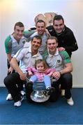 24 September 2012; Donegal players, back row from left to right, Leo McLoone, Karl Lacey and Paul Durcan. Front row, Frank McGlynn, left, and Dermot Molloy, with Katie Morris, age 3, from Rockcorry, Co. Monaghan, and the Sam Maguire Cup during a visit to Our Lady's Hospital for Sick Children, Crumlin, Dublin. Picture credit: Barry Cregg / SPORTSFILE