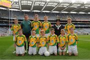 23 September 2012; Representing Donegal boys in the INTO/RESPECT Exhibition GoGames at the GAA Football All-Ireland Senior Championship Final between Donegal and Mayo are, front row, from left, Eamonn Keogh, St. Teresa's N.S., Ballinalee, Co. Longford, Gerard Byrne, Scoil an Linbh Iosa, Killymard, Donegal, Daniel Goggin, O'Brennan N.S., Kielduff, Tralee, Co. Kerry, Diarmuid King, Annagh N.S., Milltown Malbay, Co. Clare, Patrick Murphy, St. Patrick's BNS, Wicklow, Co. Wicklow, Joey Walsh, Scoil Ruadhain, Tullaroan, Co. Kilkenny. Back row, from left, Mike Dempsey, Ballyadams N.S., Athy, Co. Kildare, Eugene Fitzgibbon, coach, Paul Luby, St. Colman's N.S., Mucklagh, Tullamore, Co. Offaly, James Riordan, Scoil Mhuire N.S., Abbeyside, Co. Waterford, Anne Fay, INTO President, Louis Dee, St. Nessan's N.S., Mungret, Co. Limerick. Croke Park, Dublin. Picture credit: Pat Murphy / SPORTSFILE