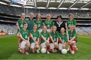 23 September 2012; Representing Mayo in the INTO/RESPECT Exhibition GoGames at the GAA Football All-Ireland Senior Championship Final between Donegal and Mayo are, front row, from left, Nicole McGarry, St. Patrick's N.S., Drumshambo, Co. Leitrim, Siobhan Doolan, St., Margaret's N.S., Curracloe, Co. Wexford, Rebecca Brehony, Geevagh N.S., Geevagh, Co. Sligo, Morgan Nic Cionna, Gaelscoil Ultain, Co. Monaghan, Leah O'Carroll, Inistioge N.S., Co. Kilkenny, and Louise Colgan, St. Patrick's N.S., Rathrilly, Co. Carlow. Back row, from left, Meave Ryan, Sisters of Charity P.S., Clonmel, Co. Tipperary, Eibhlin McKiernan, coach, Emma Reynolds, Cappataggle Central School, Co. Galway, Becky Opperman, Scoil Naisiunta An Chroi Naofa, Co. Cork,  Anne Fay, INTO President, Faith McCourt, St. Joseph's N.S., Dundalk, Co. Louth. Croke Park, Dublin. Picture credit: Pat Murphy / SPORTSFILE