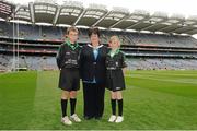23 September 2012; Referees in the INTO/RESPECT Exhibition GoGames at the GAA Football All-Ireland Senior Championship Final between Donegal and Mayo are Sean Collins and Kate Dooley, both from Scoil Bhailenora, Cork, with Anne Fay, INTO President. Croke Park, Dublin. Picture credit: Pat Murphy / SPORTSFILE