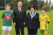 23 September 2012; Mascots Jack Malone, left, Mayo, and Jamie Crawford, Donegal, at the GAA Football All-Ireland Senior Championship Final between Donegal and Mayo are Sean Collins and Kate Dooley, both from Scoil Bhailenora, Cork, with Anne Fay, INTO President, and Uachtarán Chumann Lúthchleas Gael Liam Ó Néill. Clonliffe College, Dublin. Picture credit: Pat Murphy / SPORTSFILE