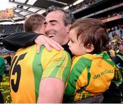 23 September 2012; Donegal manager Jim McGuinness celebrates at the end of the game with his son Jimmy, age 18 months, and Colm McFadden. GAA Football All-Ireland Senior Championship Final, Donegal v Mayo, Croke Park, Dublin. Picture credit: David Maher / SPORTSFILE