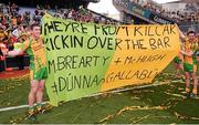 23 September 2012; Donegal players Patrick McBrearty, left, and Mark McHugh hold up a banner after the game. GAA Football All-Ireland Senior Championship Final, Donegal v Mayo, Croke Park, Dublin. Picture credit: David Maher / SPORTSFILE