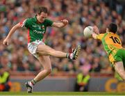 23 September 2012; Alan Dillon, Mayo, has his shot blocked by Mark McHugh, Donegal. GAA Football All-Ireland Senior Championship Final, Donegal v Mayo, Croke Park, Dublin. Picture credit: Brendan Moran / SPORTSFILE