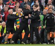 23 September 2012; Donegal manager Jim McGuinness and selector Rory Gallagher celebrate at the final whistle. GAA Football All-Ireland Senior Championship Final, Donegal v Mayo, Croke Park, Dublin. Picture credit: Brendan Moran / SPORTSFILE