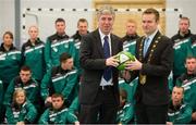 25 September 2012; The FAI launched the Project Futsal course at Corduff Sports Centre today. The joint initiative between the FAI and the Welsh Football Trust will be attended by 22 students over 1 term, they will receive a VETAC Level 5 qualification on completion of the course. At the launch is FAI Chief executive John Delaney, left, and Mayor of Fingal Cllr. Cian O'Callaghan with Project Futsal Course participants. Corduff Sports Centre, Dublin. Picture credit: Brian Lawless / SPORTSFILE